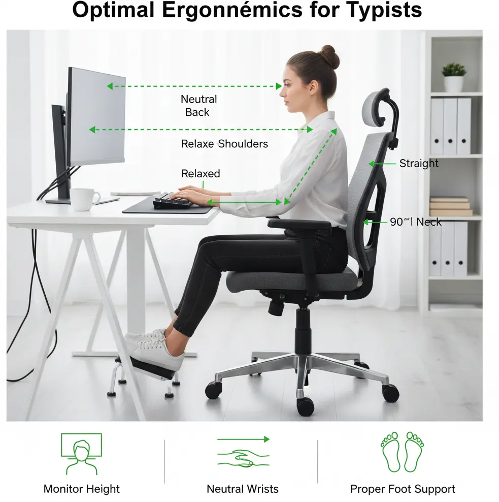 A diagram showing the correct typing posture in a chair